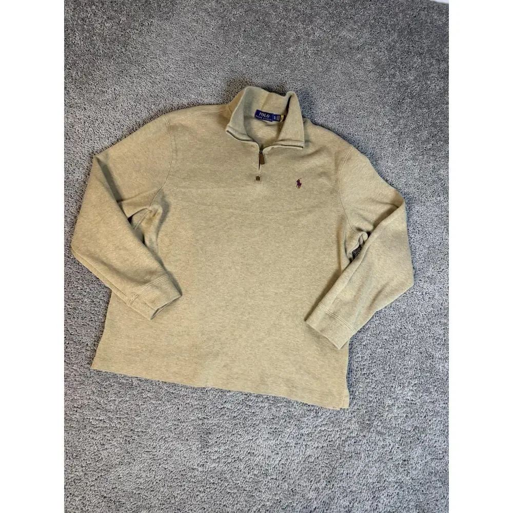 Polo Ralph Lauren Sweater Mens XL Beige Mock Neck 1/4 Zip Cotton Pullover